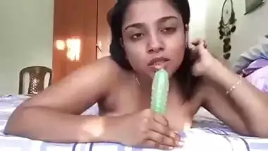 Solo chudai video of young Indian angel carefully sucking XXX dildo